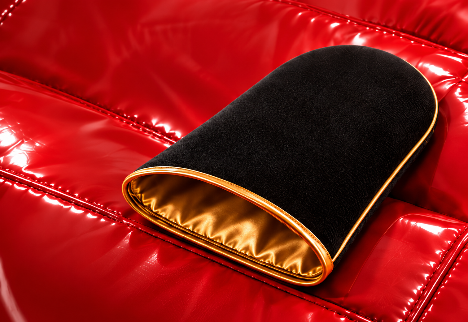 Black Midas Mitt with gold lining on red quilted fabric
